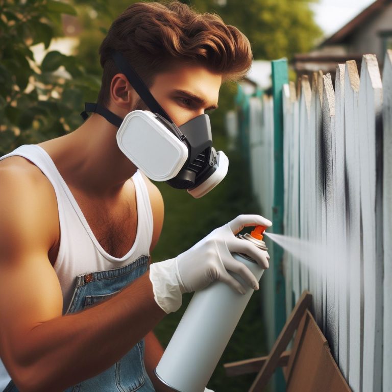 A man wearing a respirator mask while he spray paints his fence white on a sunny day.
