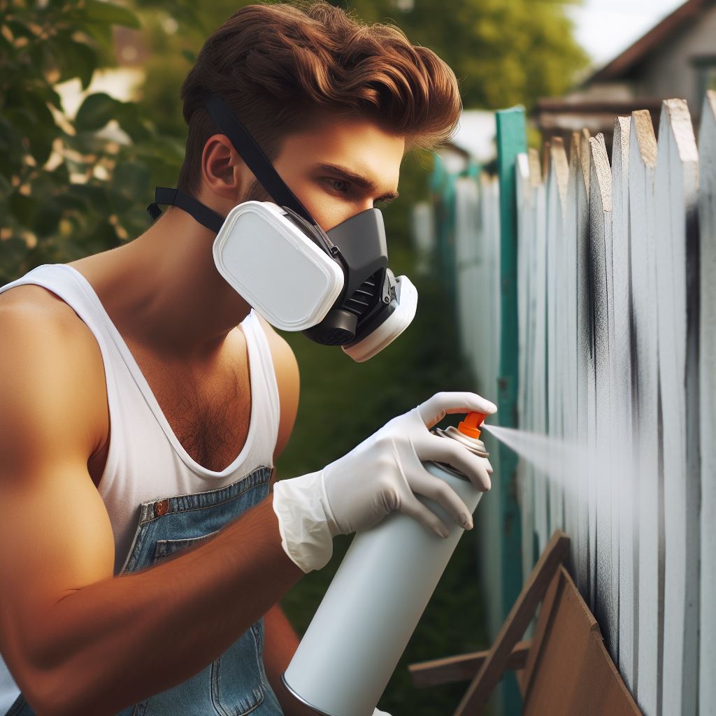 A man wearing a respirator mask while he spray paints his fence white on a sunny day.