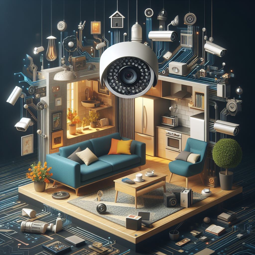 Hidden cameras discreetly placed amidst everyday items, emphasizing their technological advancement.