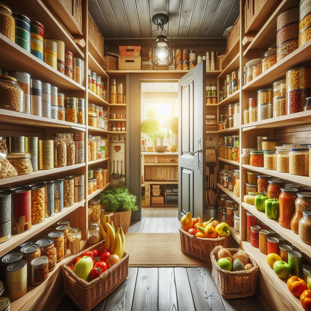 the pantry inside a home's kitchen, and all of the pantry shelves are filled with canned foods