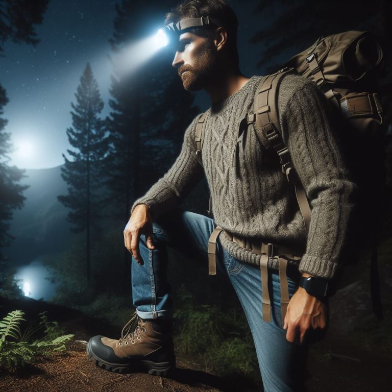 A man wearing a tactical headlamp while exploring the outdoors at night
