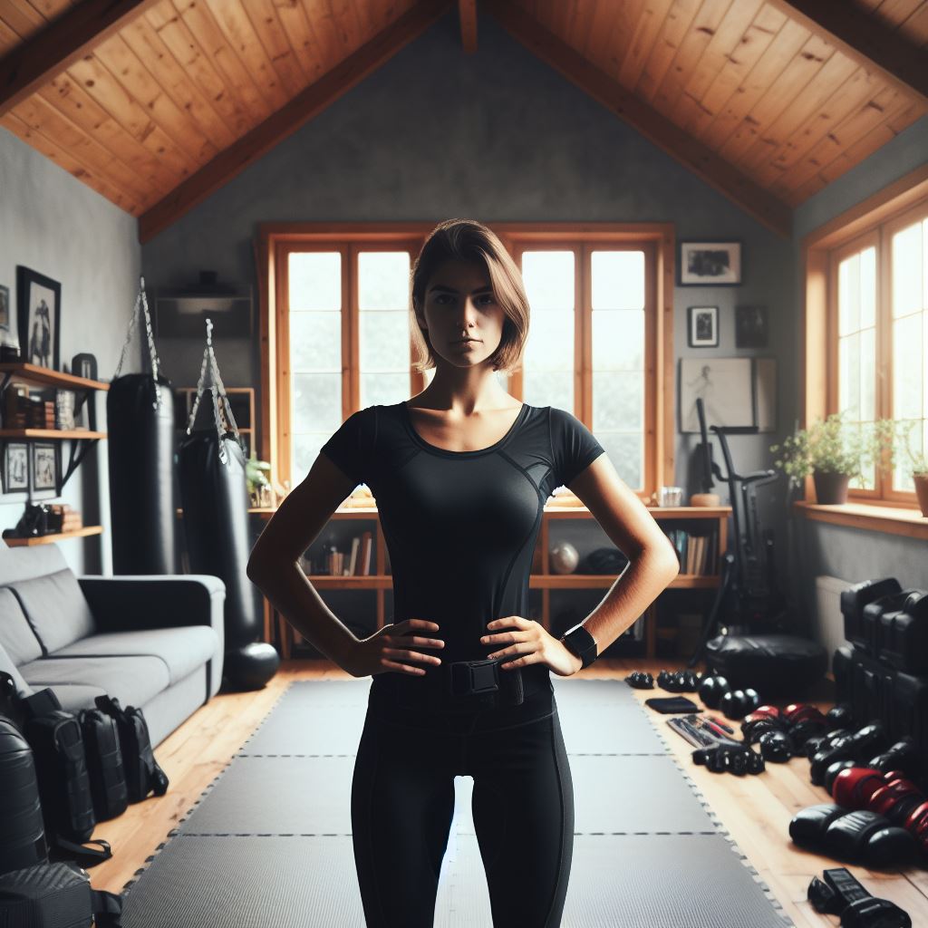 A woman confidently standing in her home self-defense gym surrounded by boxing equipment.
