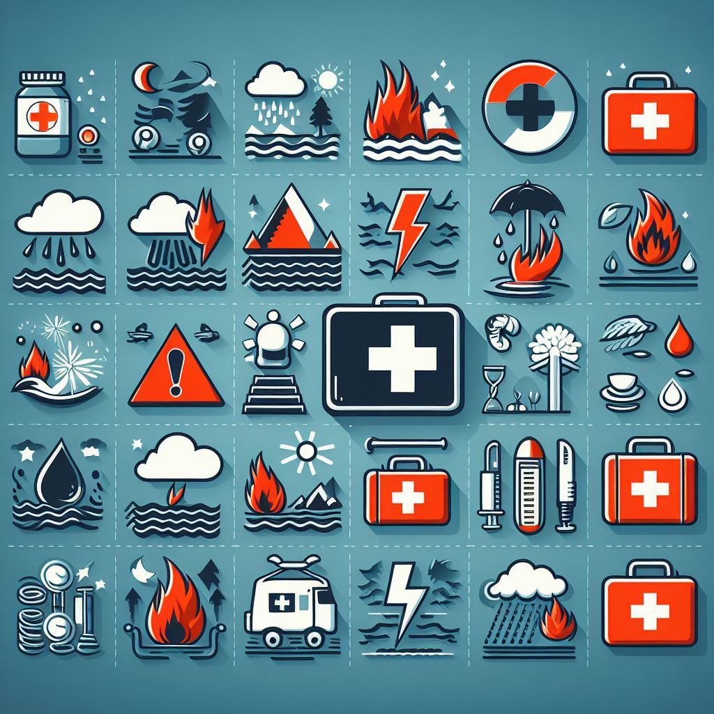 Illustrations depicting common natural disasters like earthquakes, hurricanes, wildfires, and floods alongside corresponding first aid gear.