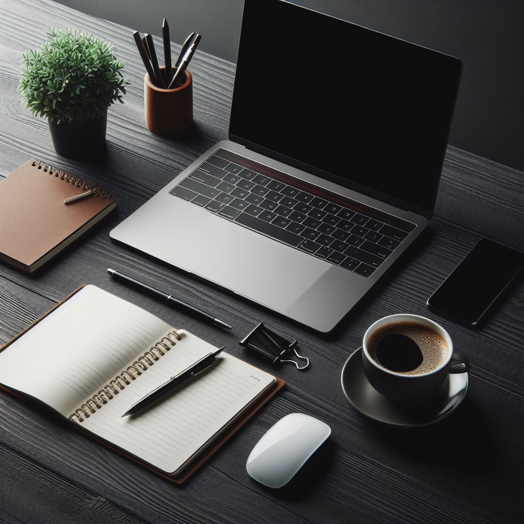 A laptop on a desk with pen and paper
