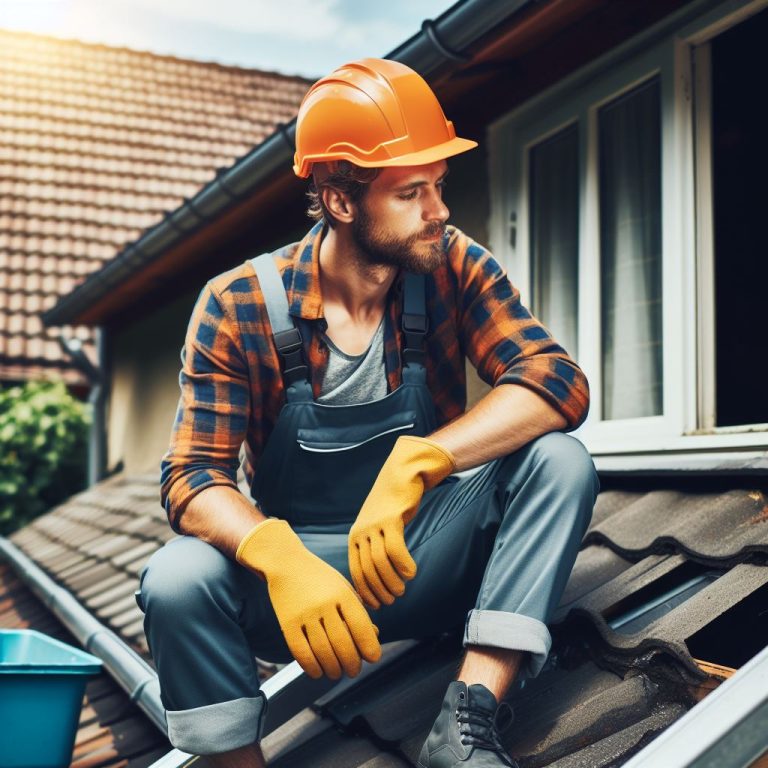 A man wearing a safety helmet while working on fixing a roof leak on top of his house.