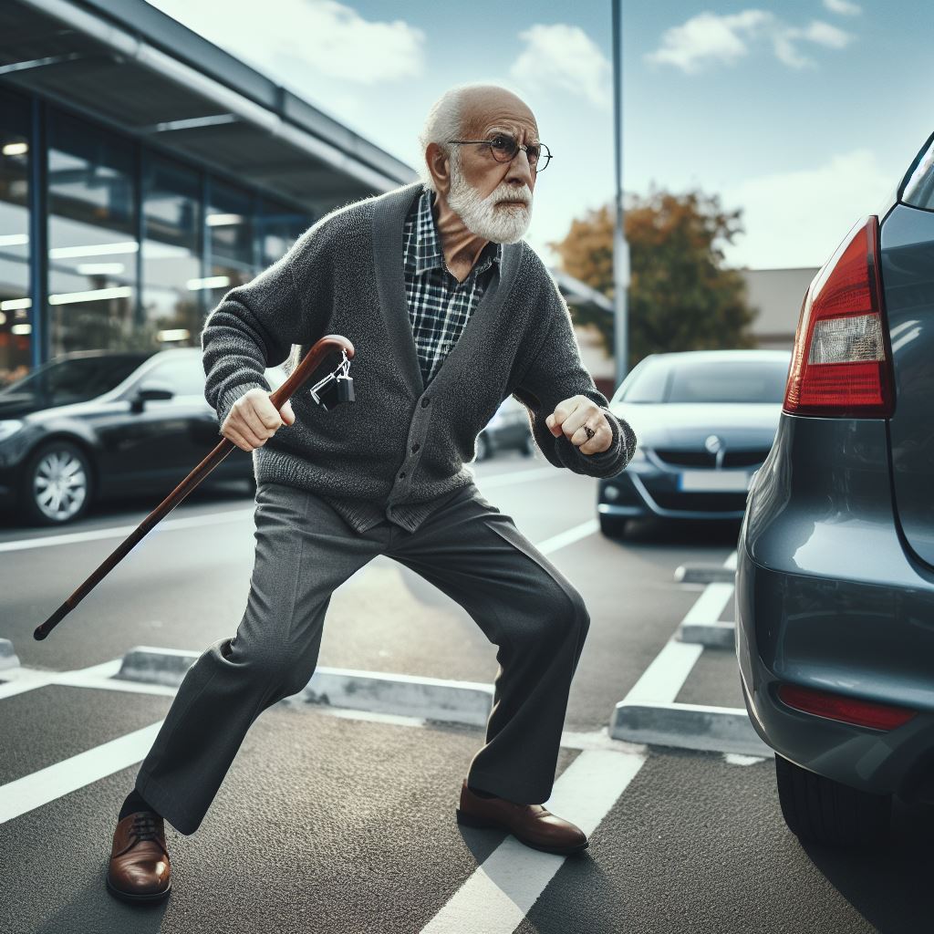 man using one of the best self-defense tools for the elderly in a store parking lot by his parked car