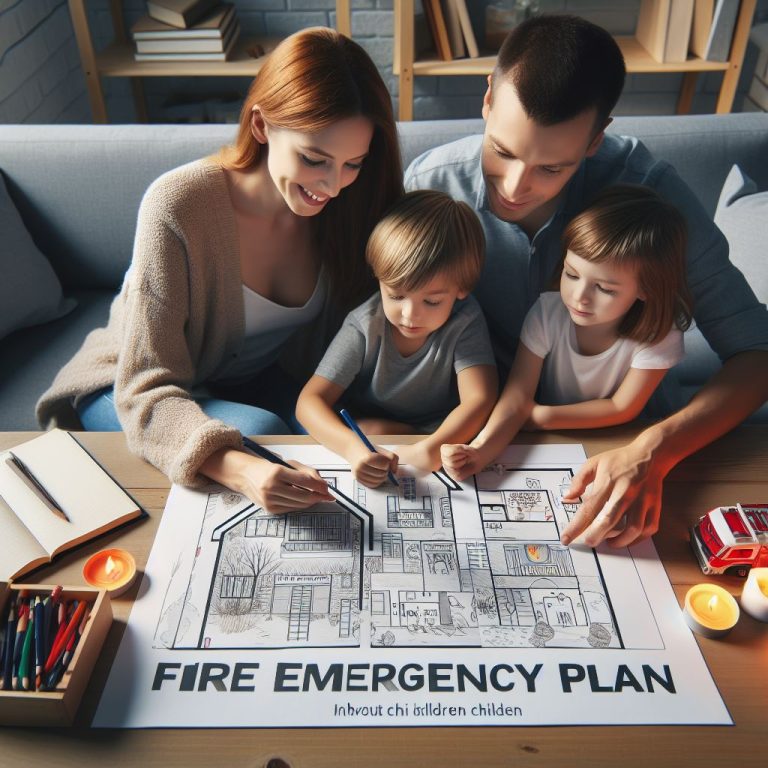 a family sitting together and creating a fire emergency plan, underlining the importance of involving children in the process.