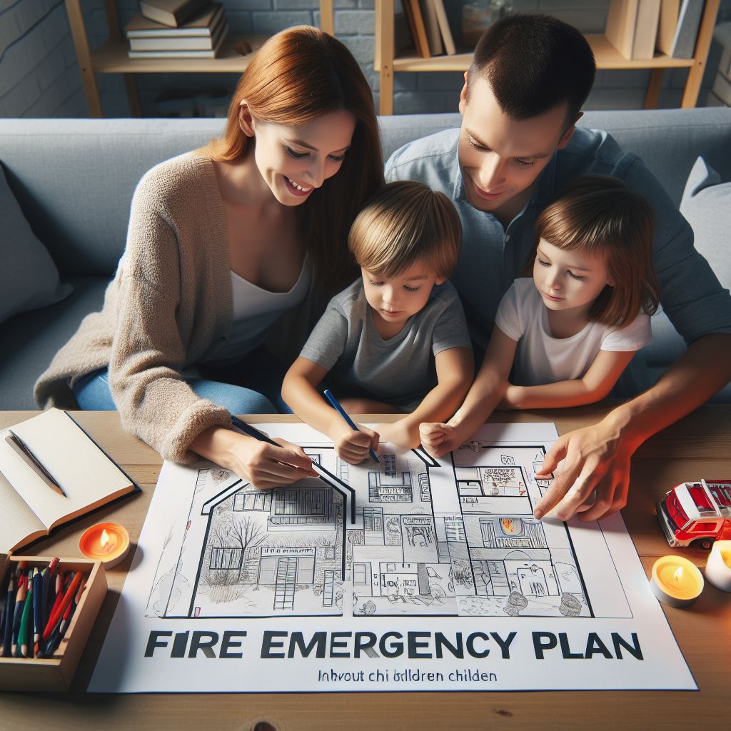 a family sitting together and creating a fire emergency plan, underlining the importance of involving children in the process.