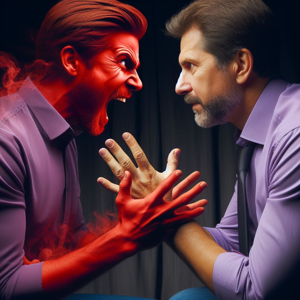 An image of a man calming down an angry person