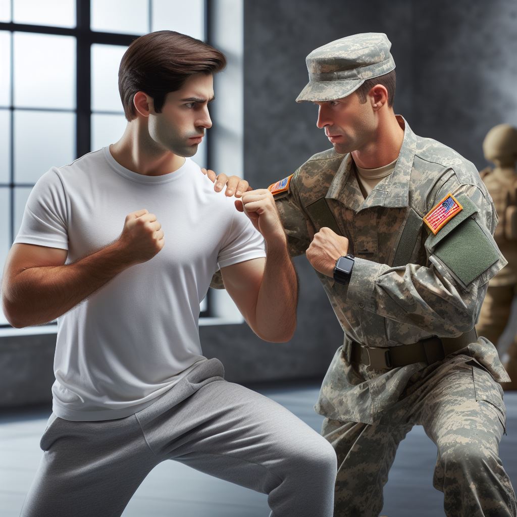a civilian man learning rapid assault tactics in a martial arts class with a military trainer