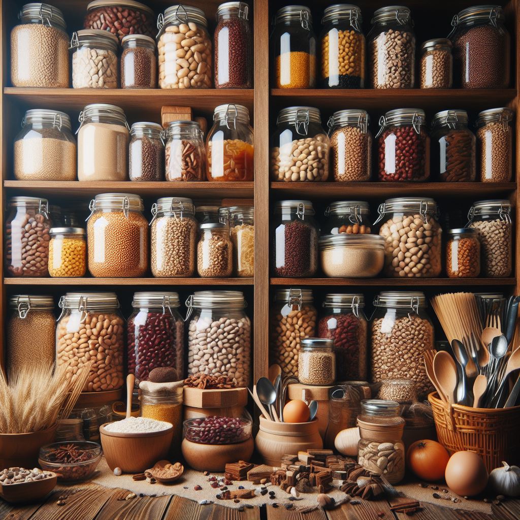 a pantry full of jars and cans of dry beans