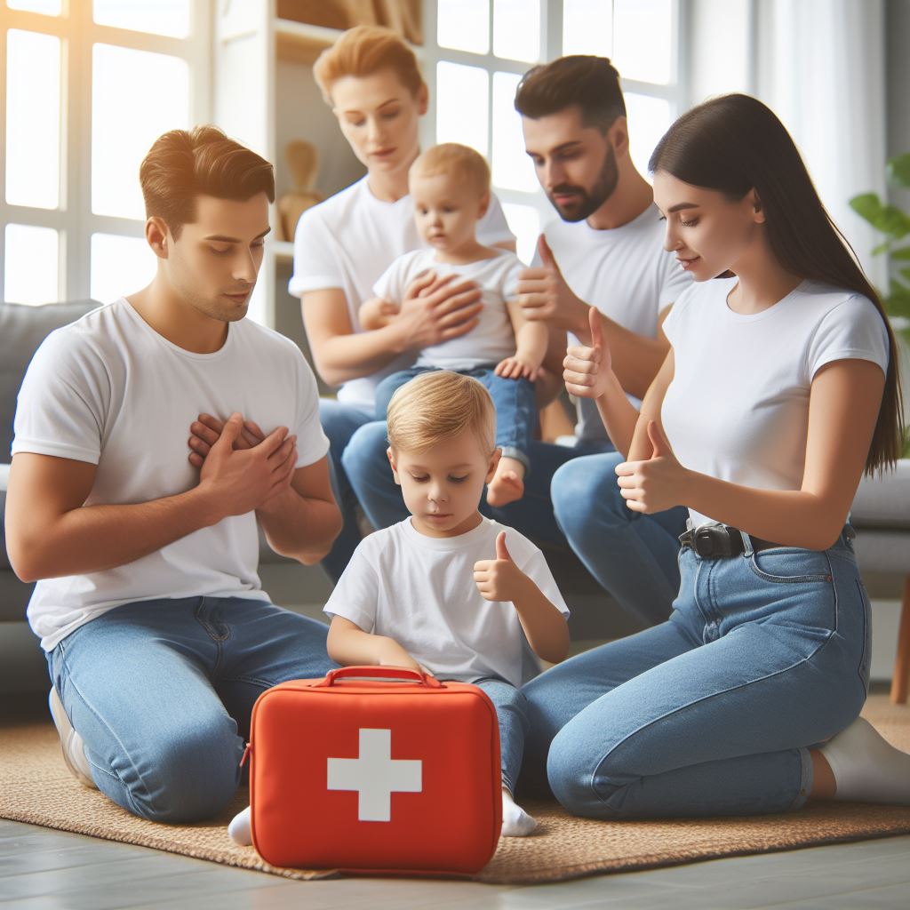 Showcase an image of a family or group participating in first aid training, highlighting the importance of acquiring basic first aid skills for managing injuries effectively.