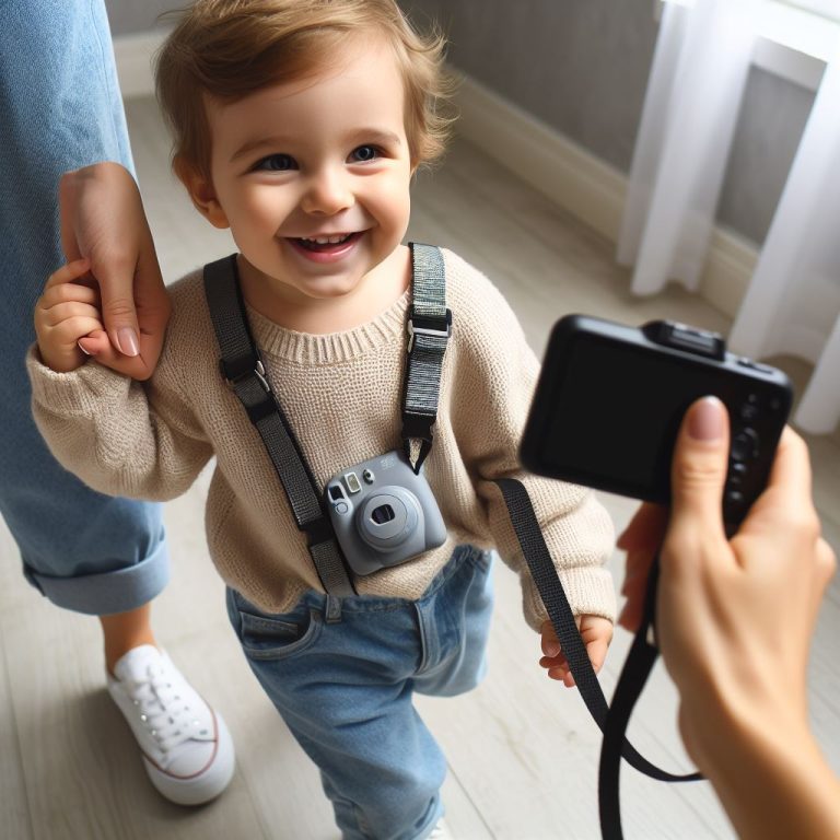 A smiling toddler walking confidently while attached to a child leash, showcasing the sense of freedom and security it provides.