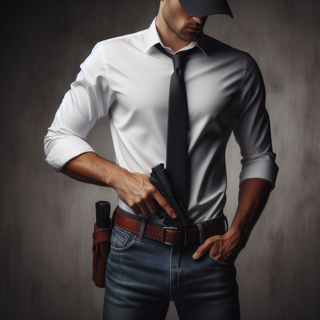 a responsibly dressed man subtly concealing a holstered firearm