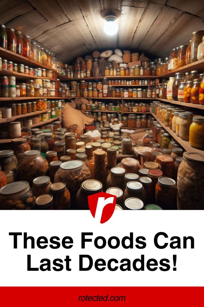Pantry full of foods that can last decades with rotected logo and blog title text in the image