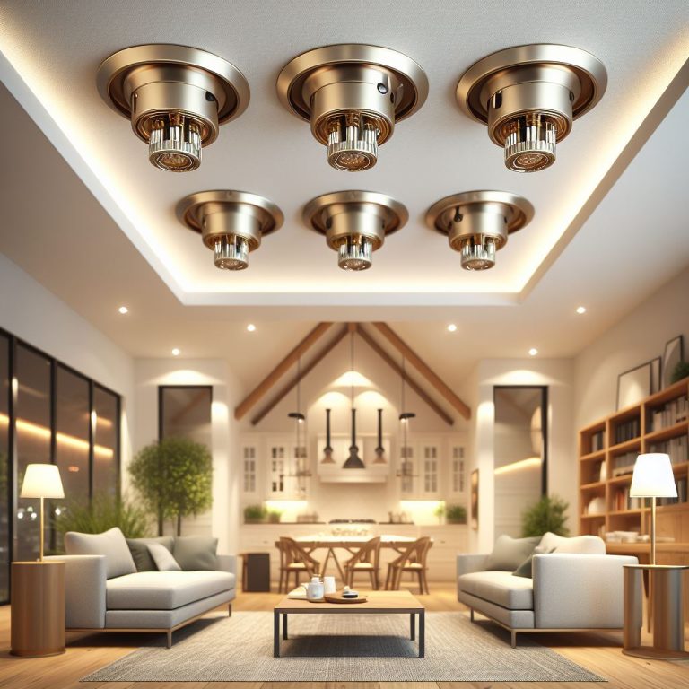 Showcase an image of a home with discreet sprinkler heads seamlessly integrated into the ceiling, highlighting the compatibility of these systems with residential aesthetics.