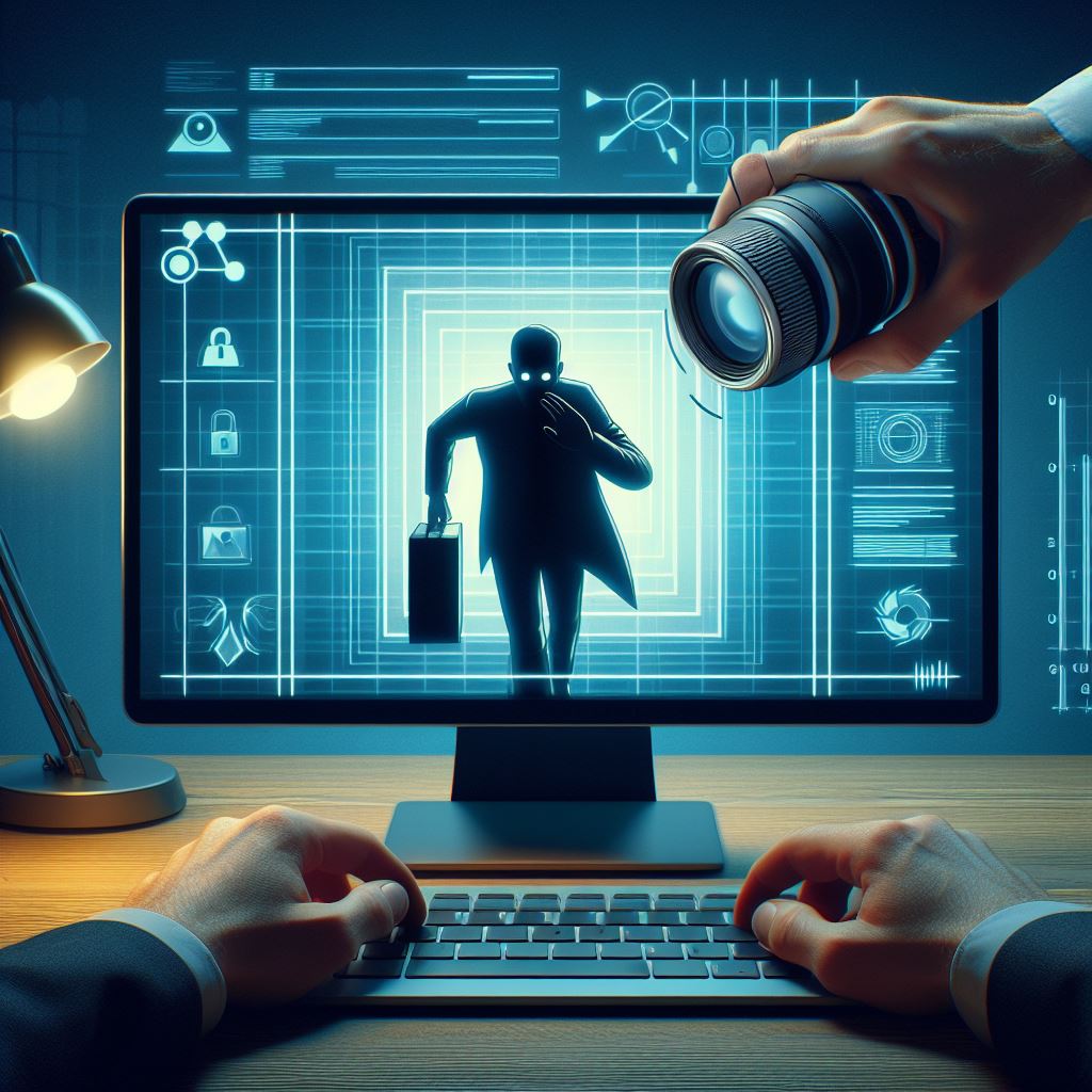 someone attempting to view a computer screen from an off-angle, with a privacy screen filter blocking their view, highlighting the concept of visual hacking prevention.