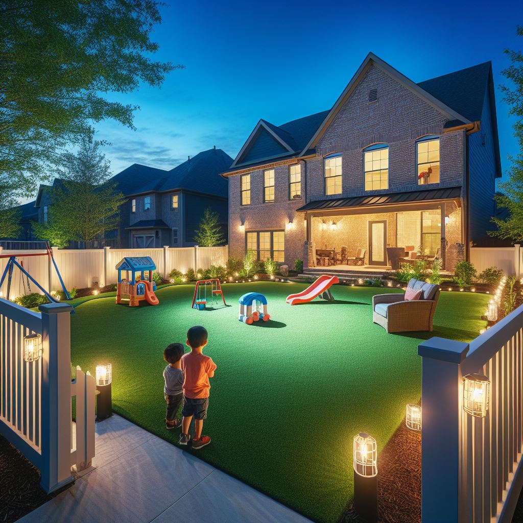 a well-lit backyard with child-friendly fencing, creating a safe play area for children.