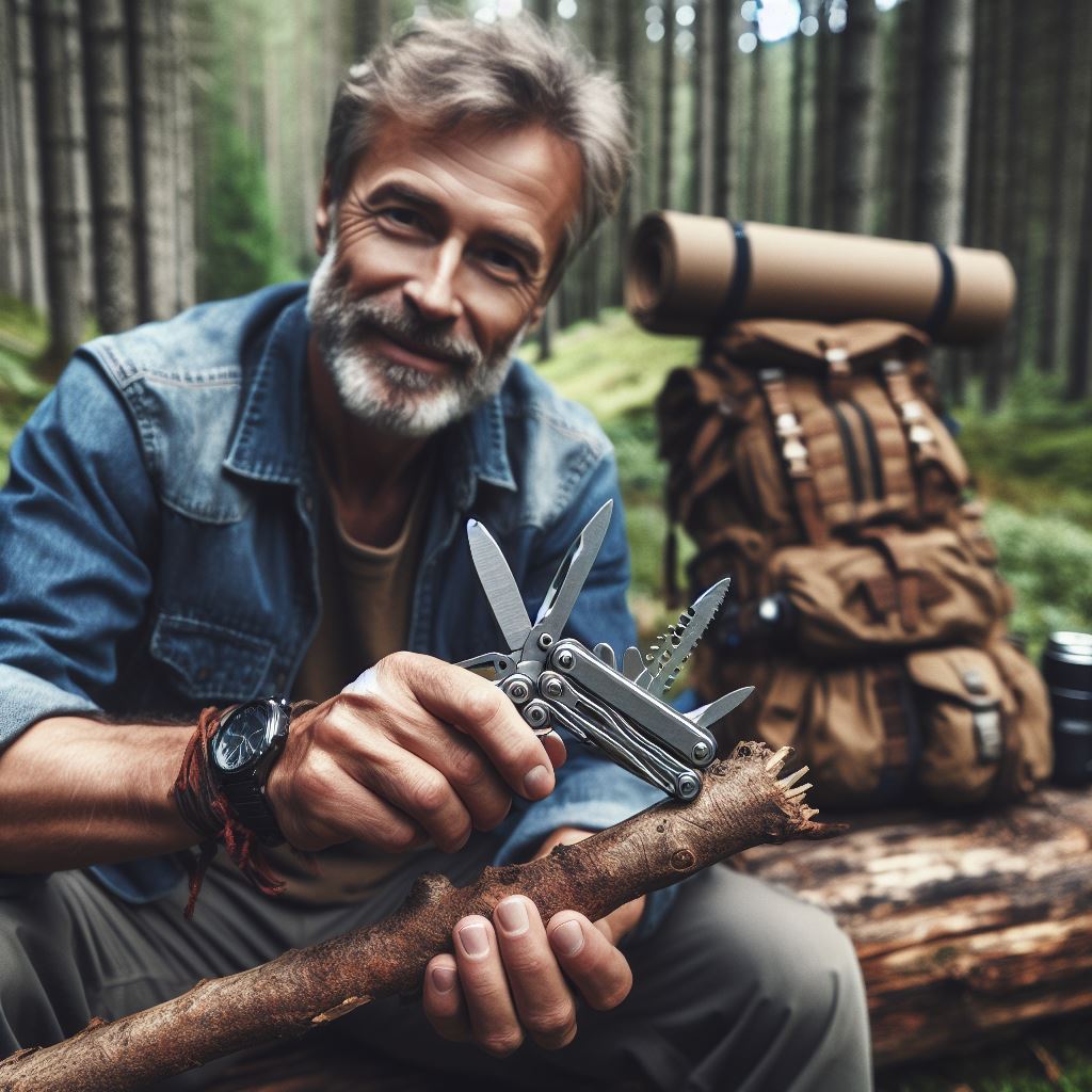 A man using a multi-tool for everyday carry out in the wilderness
