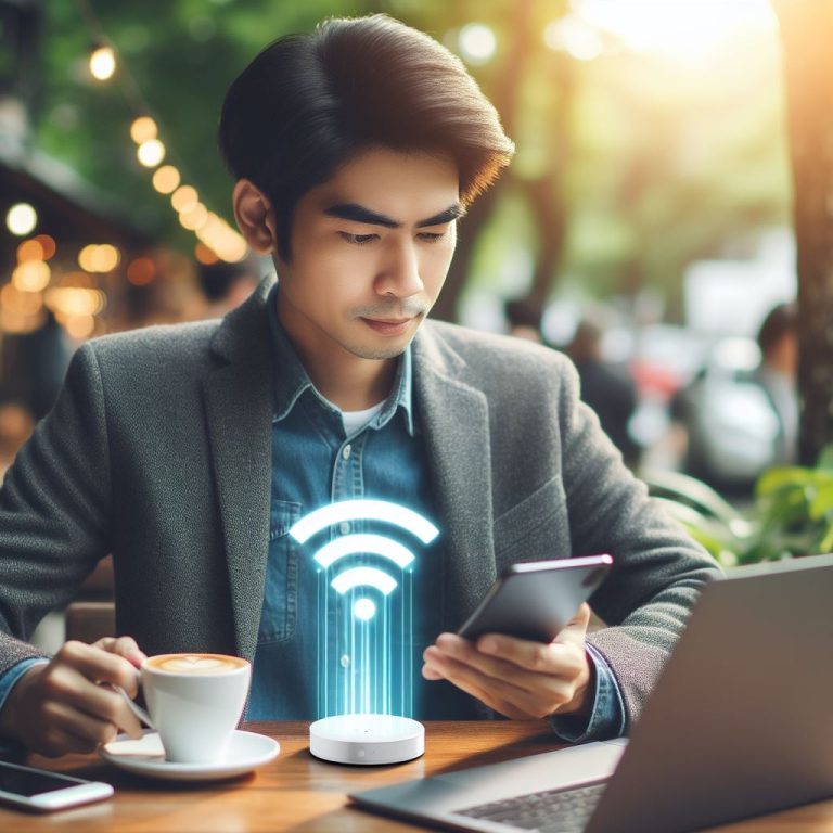 a person using a mobile hotspot device in a cafe.