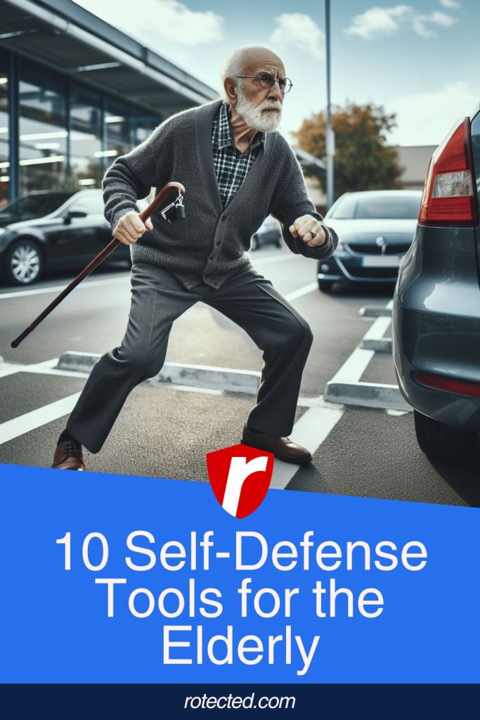 A senior citizen using a cane to fight off an attacker in a parking lot
