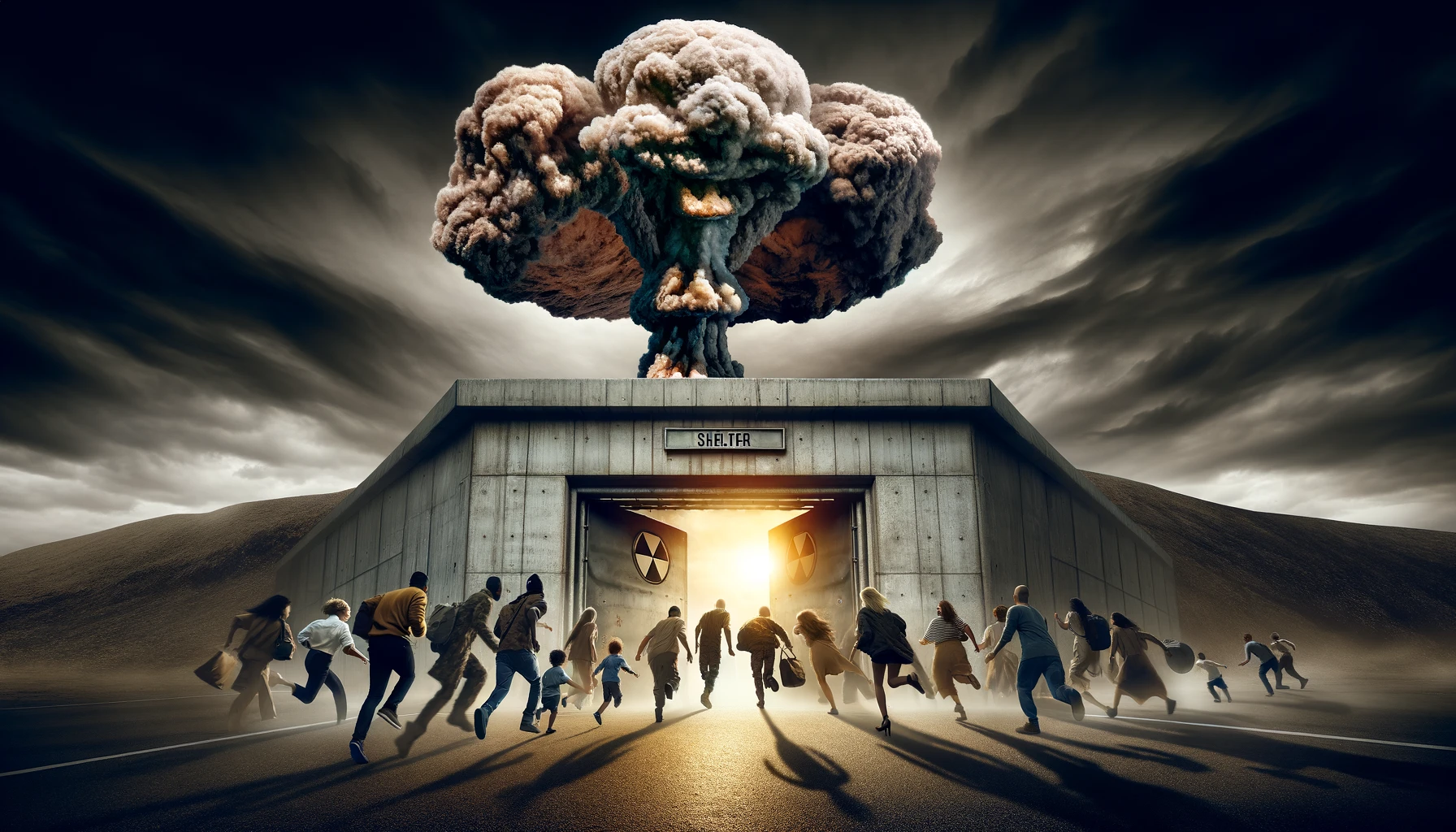 A group of people entering the nearest fallout shelter in an emergency