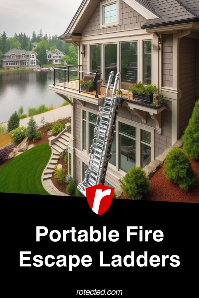 A portable fire ladder set up on a 3-story home
