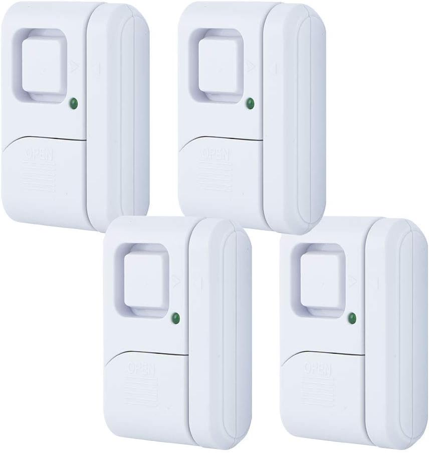 4 white GE Personal Security Window and Door Alarms