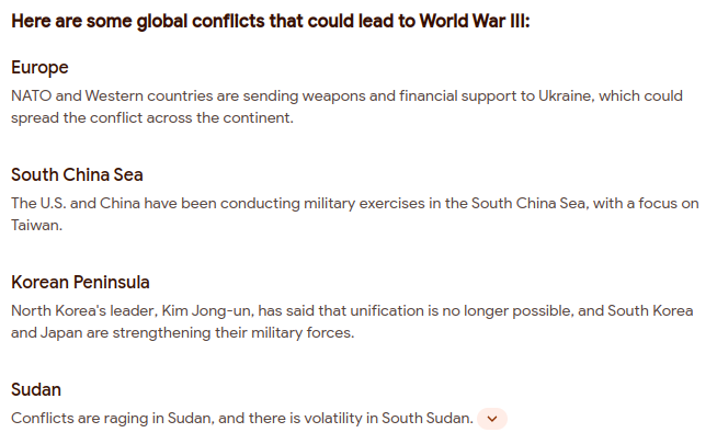Google AI giving list of global conflicts that could lead to world war iii