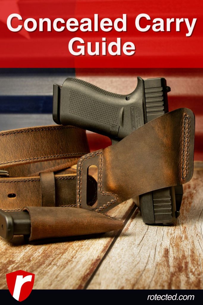 concealed carry guide infographic with gun on table and american flag in the background